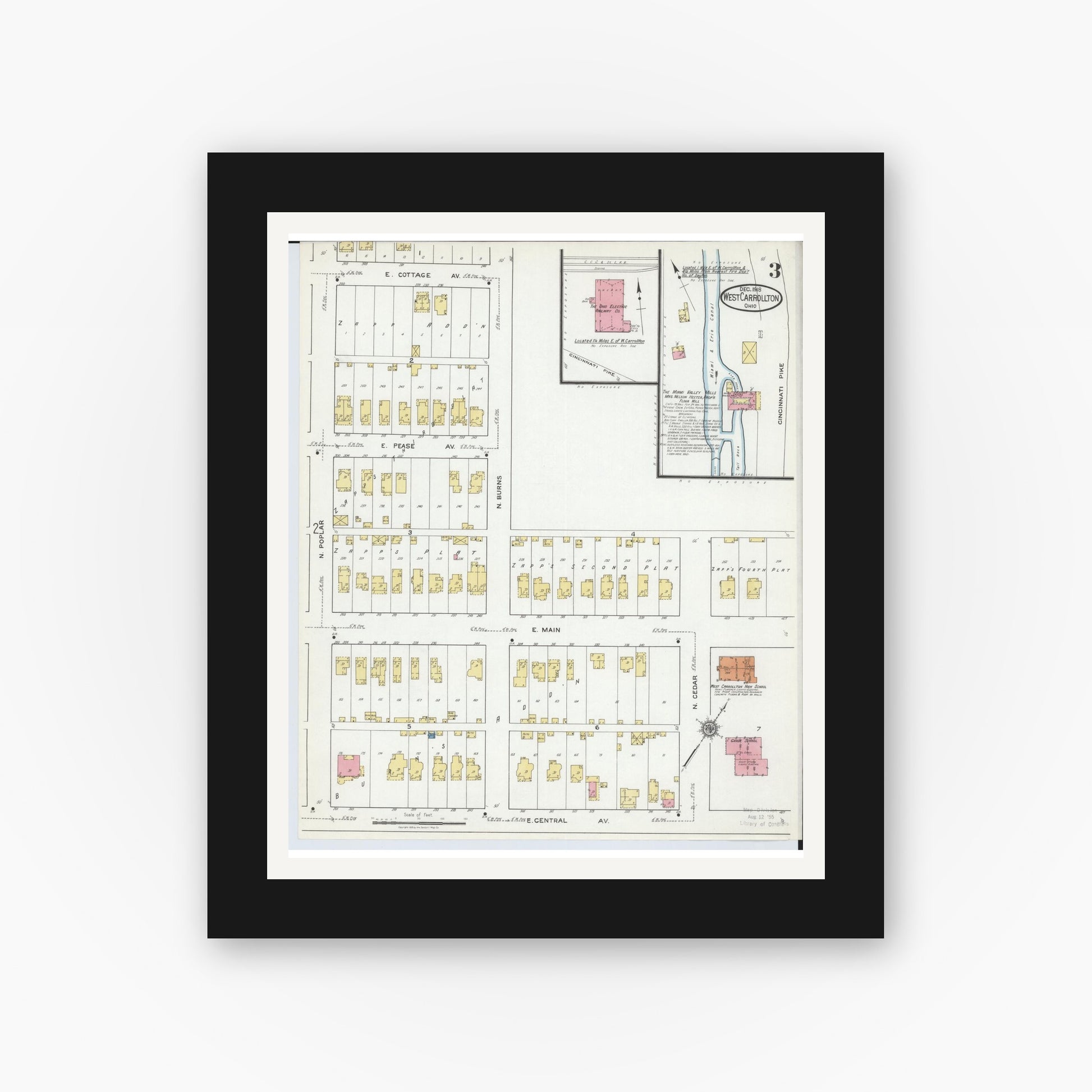 Old map wall art mockup — black gallery frame with white mat — Sanborn Fire Insurance Map from West Carrollton, Montgomery County, Ohio (1918), Sheet #0003