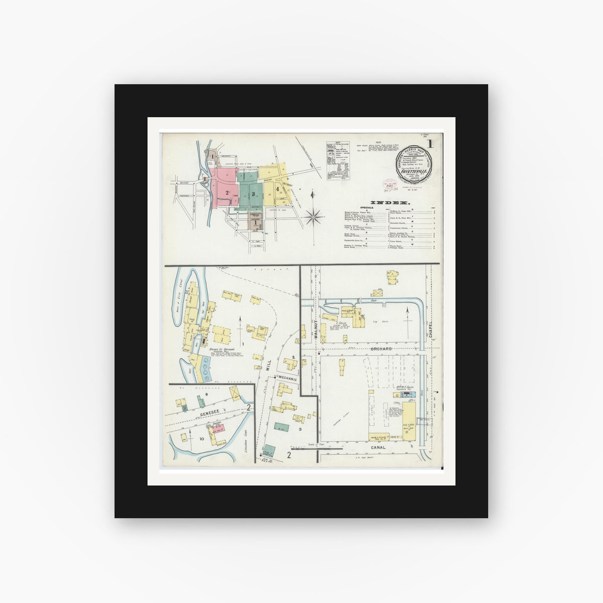 Old map wall art mockup — black gallery frame with white mat — Sanborn Fire Insurance Map from Fayetteville, Onondaga County, New York (1896), Sheet #0001