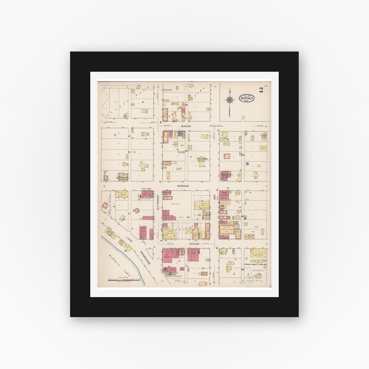 Old map wall art mockup — black gallery frame with white mat — Sanborn Fire Insurance Map from Buffalo, Wright County, Minnesota (1922), Sheet #0002