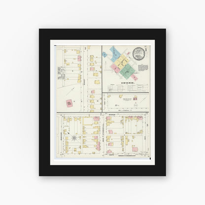 Old map wall art mockup — black gallery frame with white mat — Sanborn Fire Insurance Map from Cadiz, Harrison County, Ohio (1897), Sheet #0001