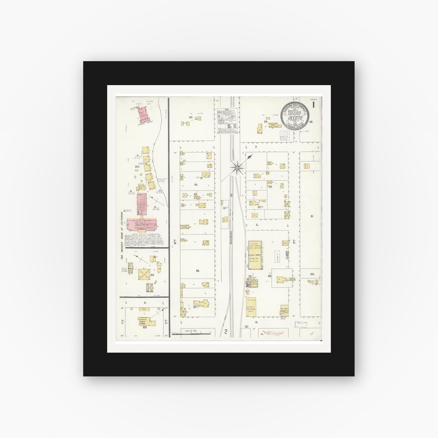 Old map wall art mockup — black gallery frame with white mat — Sanborn Fire Insurance Map from Decota, Alameda County, California (1908) - Complete Map Set