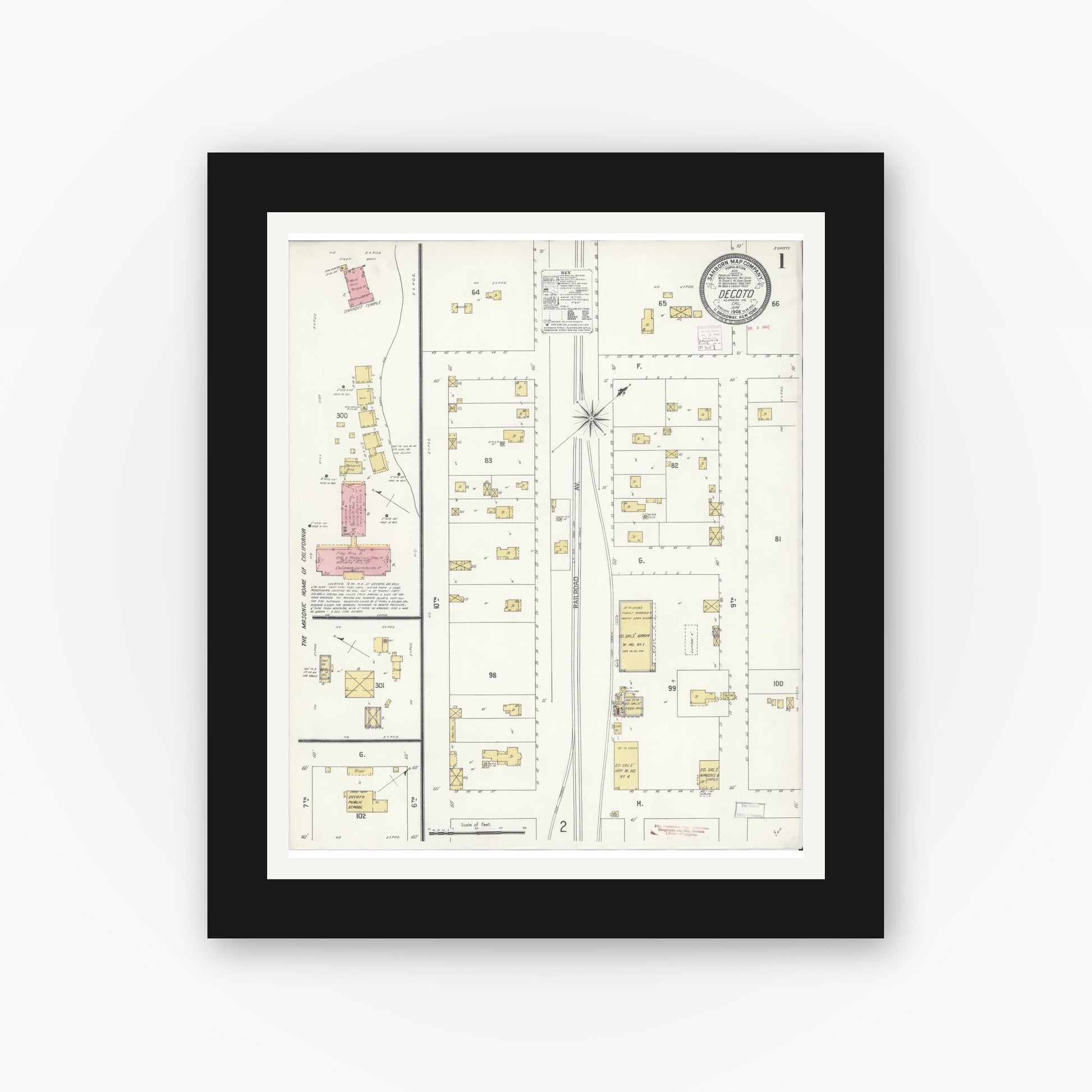 Old map wall art mockup — black gallery frame with white mat — Sanborn Fire Insurance Map from Decota, Alameda County, California (1908) - Complete Map Set