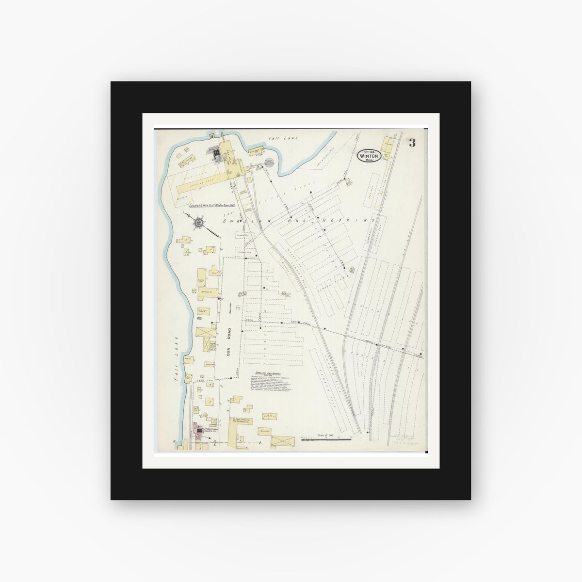 Old map wall art mockup — black gallery frame with white mat — Sanborn Fire Insurance Map from Winton, Saint Louis County, Minnesota (1914), Sheet #0003