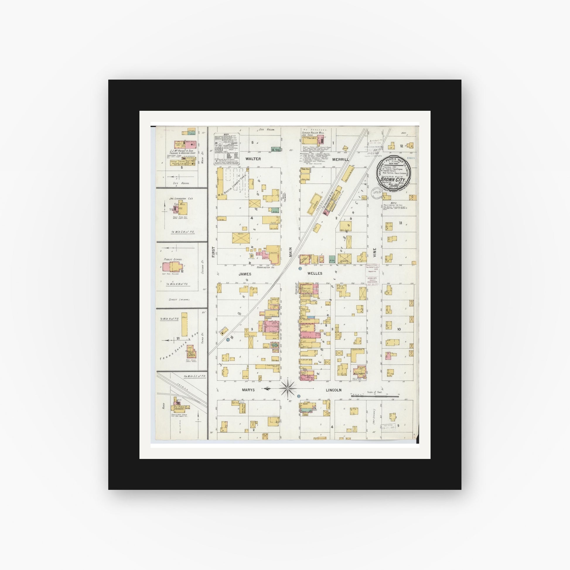 Old map wall art mockup — black gallery frame with white mat — Sanborn Fire Insurance Map from Brown City, Sanilac County, Michigan (1900), Sheet #0001