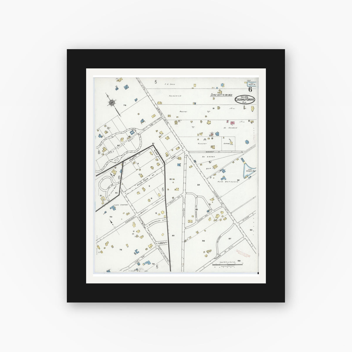 Old map wall art mockup — black gallery frame with white mat — Sanborn Fire Insurance Map from Coconut Grove, Dade County, Florida (1920), Sheet #0006