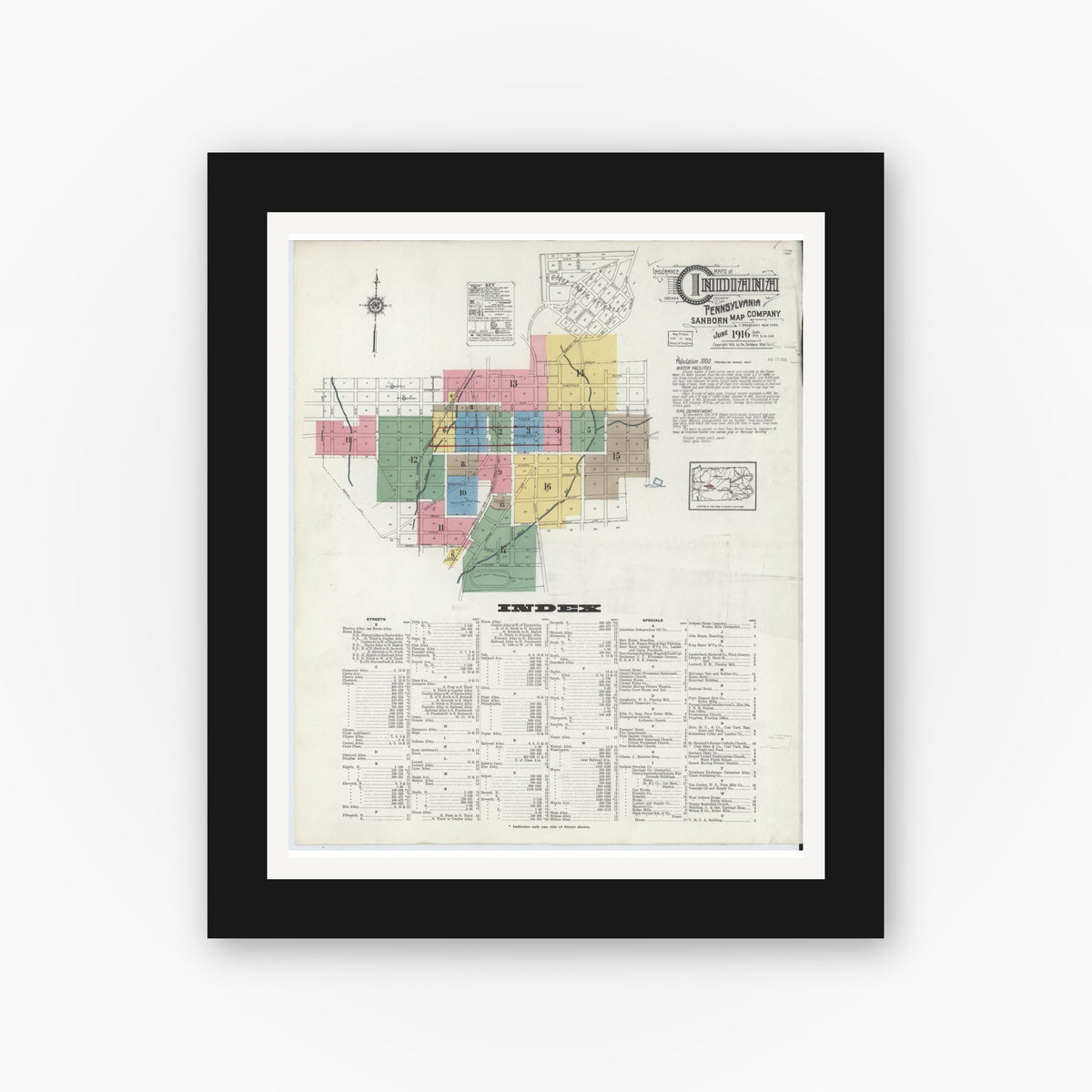 Old map wall art mockup — black gallery frame with white mat — Sanborn Fire Insurance Map from Indiana, Indiana County, Pennsylvania (1916) - Complete Map Set