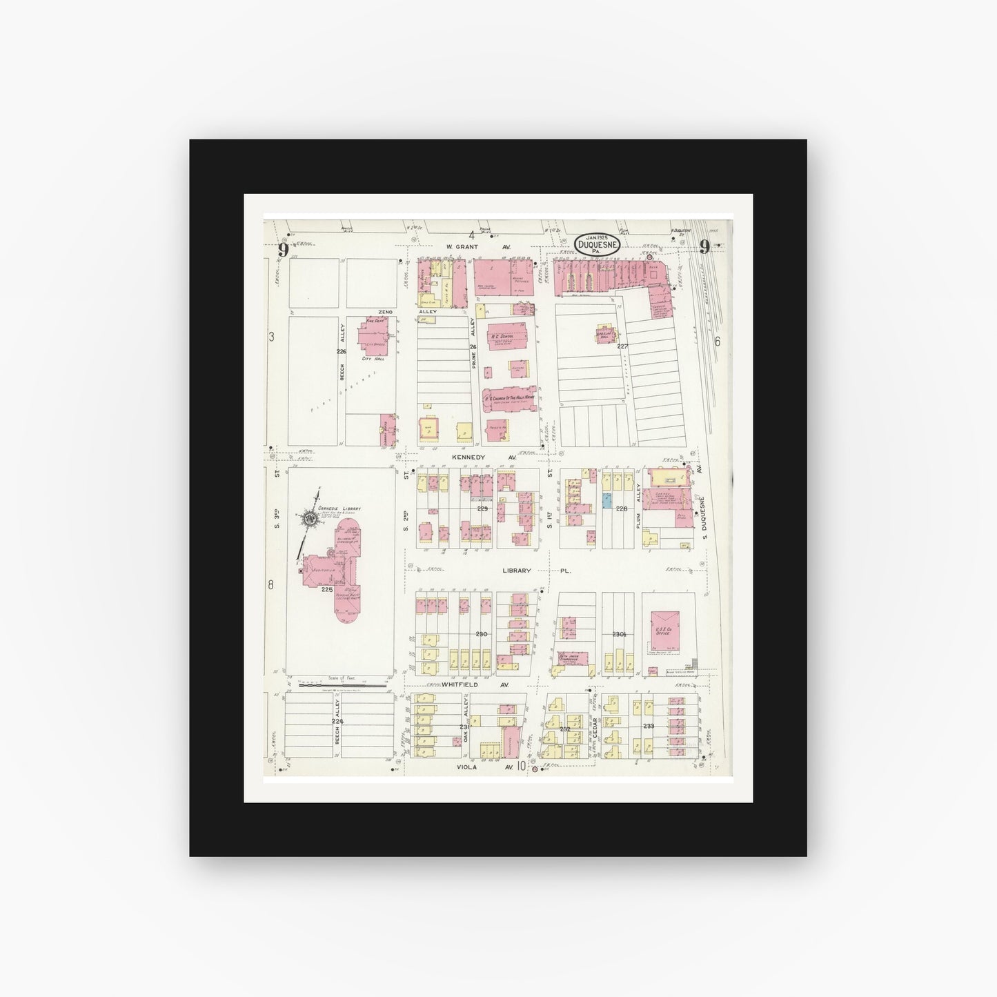 Old map wall art mockup — black gallery frame with white mat — Sanborn Fire Insurance Map from Duquesne, Allegheny County, Pennsylvania (1925), Sheet #0009