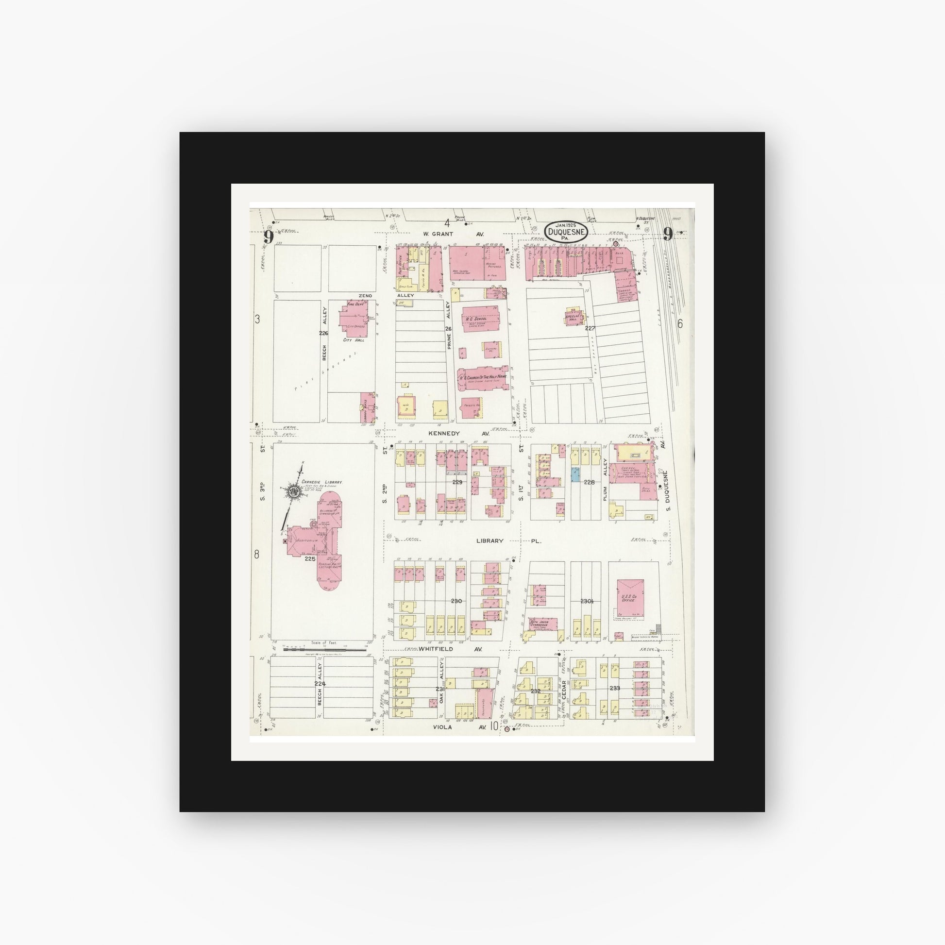 Old map wall art mockup — black gallery frame with white mat — Sanborn Fire Insurance Map from Duquesne, Allegheny County, Pennsylvania (1925), Sheet #0009