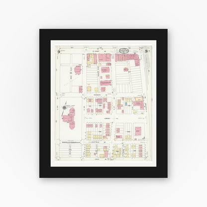 Old map wall art mockup — black gallery frame with white mat — Sanborn Fire Insurance Map from Duquesne, Allegheny County, Pennsylvania (1925), Sheet #0009