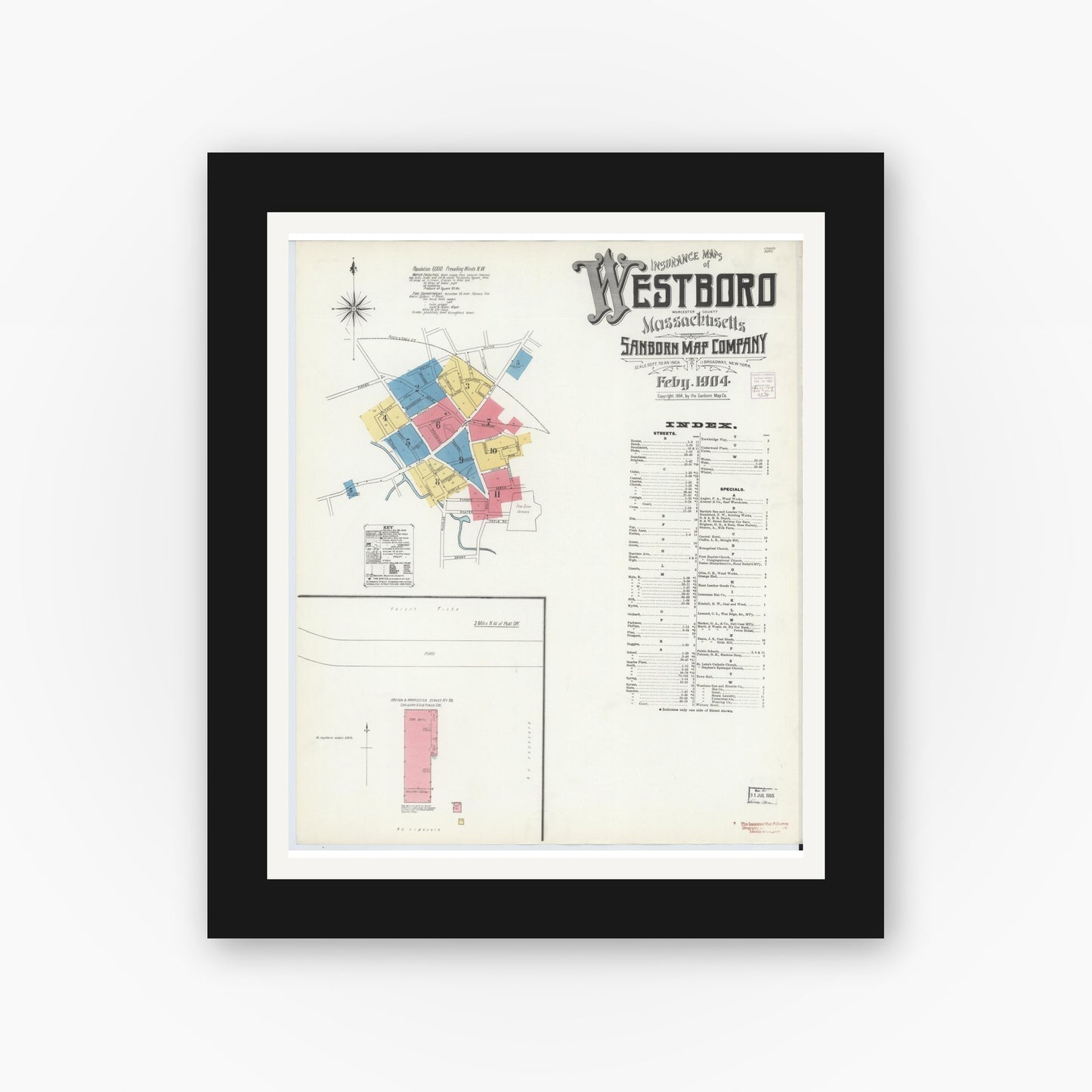 Old map wall art mockup — black gallery frame with white mat — Sanborn Fire Insurance Map from Westboro, Worcester County, Massachusetts (1904), Sheet #0001