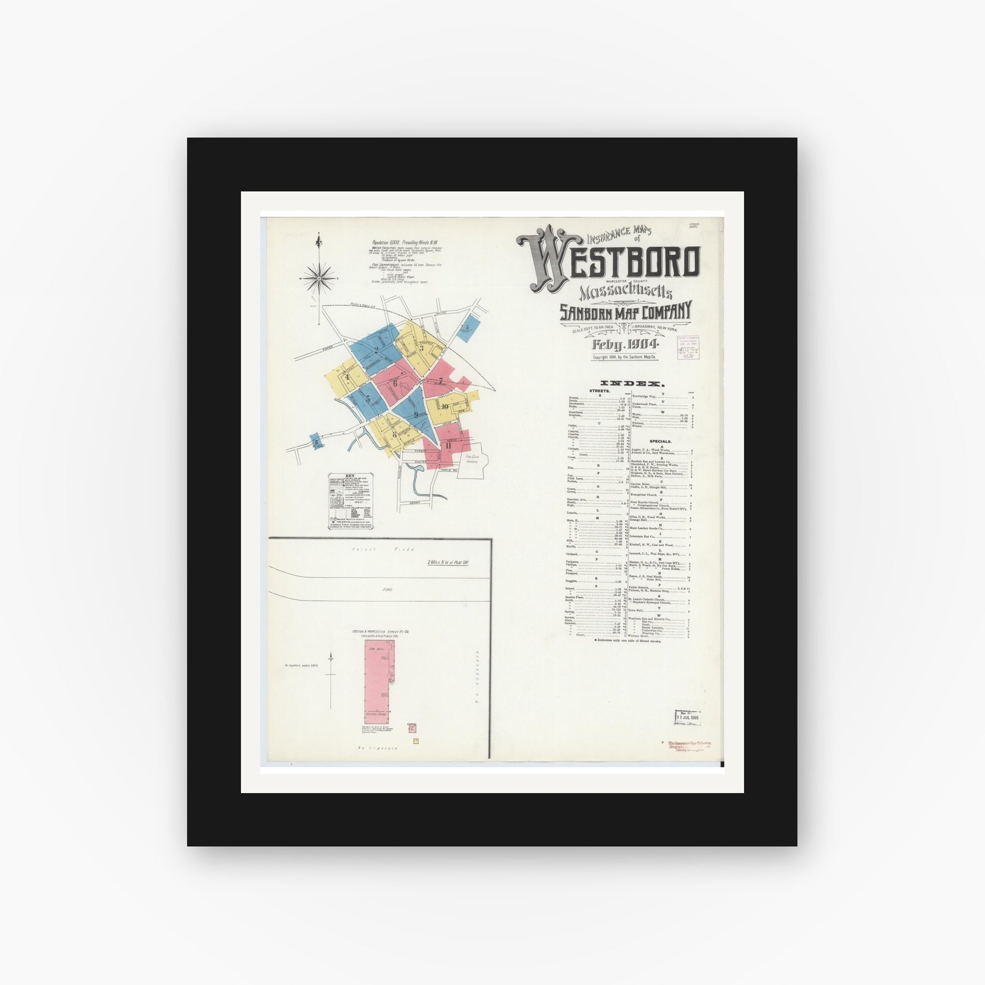 Old map wall art mockup — black gallery frame with white mat — Sanborn Fire Insurance Map from Westboro, Worcester County, Massachusetts (1904), Sheet #0001