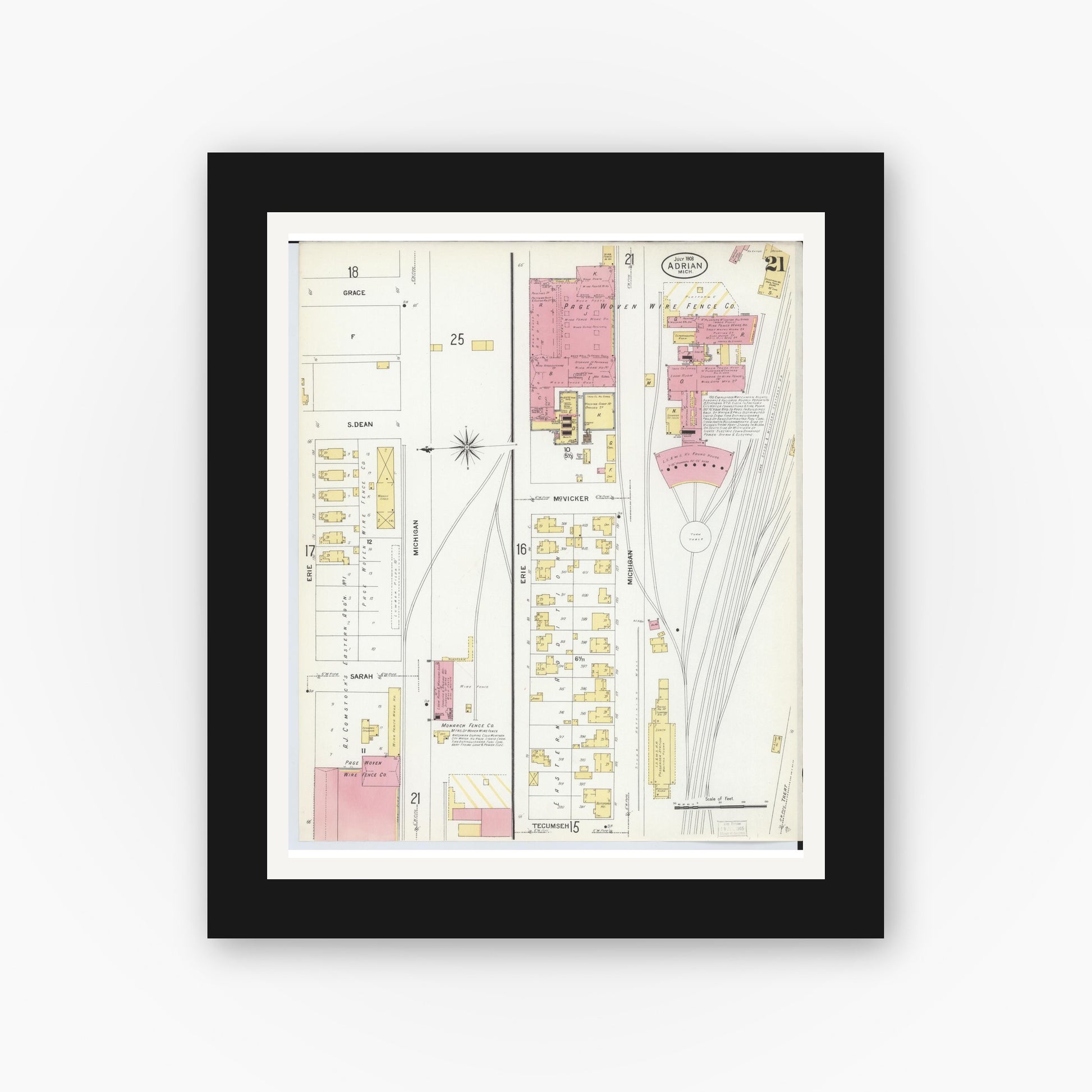 Old map wall art mockup — black gallery frame with white mat — Sanborn Fire Insurance Map from Adrian, Lenawee County, Michigan (1908), Sheet #0021