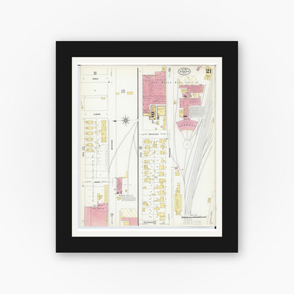 Old map wall art mockup — black gallery frame with white mat — Sanborn Fire Insurance Map from Adrian, Lenawee County, Michigan (1908), Sheet #0021