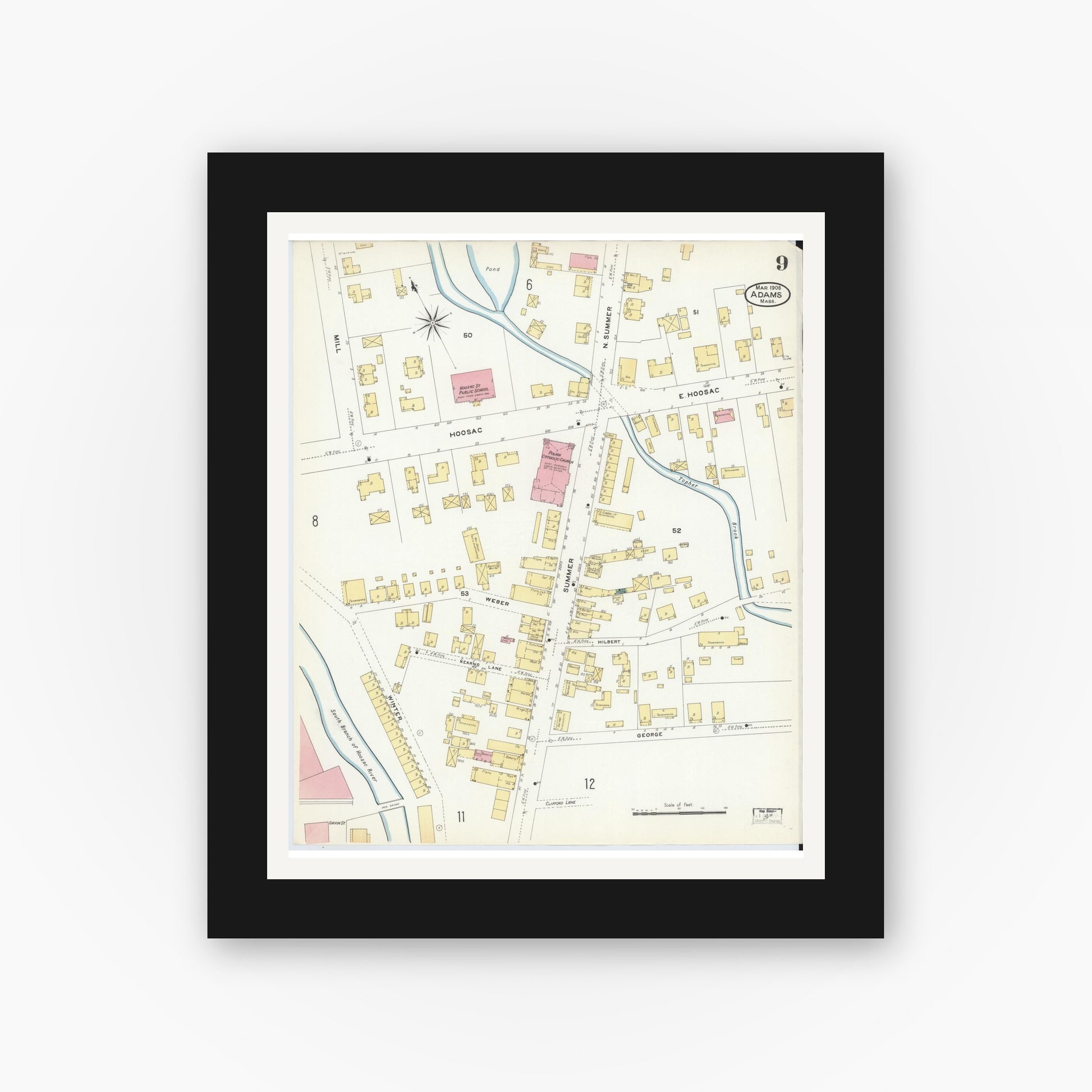 Old map wall art mockup — black gallery frame with white mat — Sanborn Fire Insurance Map from Adams, Berkshire County, Massachusetts (1908), Sheet #0009