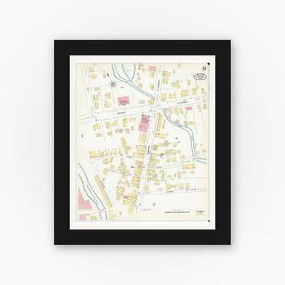 Old map wall art mockup — black gallery frame with white mat — Sanborn Fire Insurance Map from Adams, Berkshire County, Massachusetts (1908), Sheet #0009