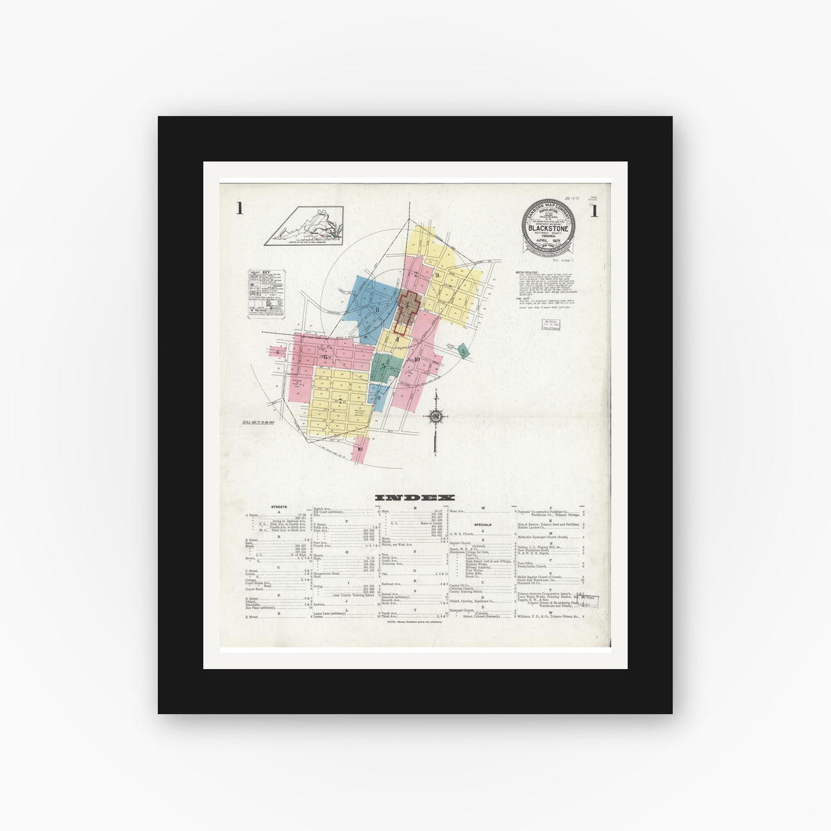 Old map wall art mockup — black gallery frame with white mat — Sanborn Fire Insurance Map from Blackstone, Nottoway County, Virginia (1925), Sheet #0001