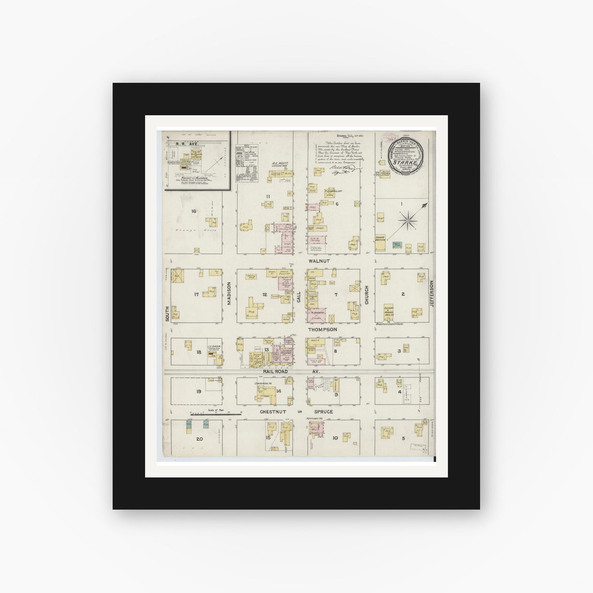 Old map wall art mockup — black gallery frame with white mat — Sanborn Fire Insurance Map from Starke, Bradford County, Florida (1890), Sheet #0001
