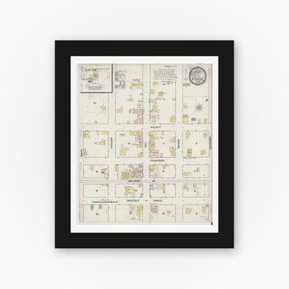 Old map wall art mockup — black gallery frame with white mat — Sanborn Fire Insurance Map from Starke, Bradford County, Florida (1890), Sheet #0001