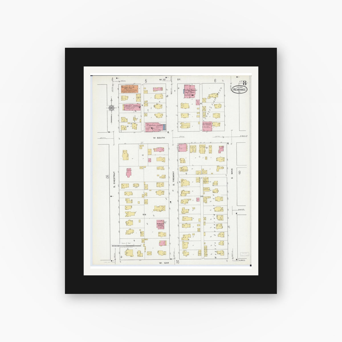 Old map wall art mockup — black gallery frame with white mat — Sanborn Fire Insurance Map from Kewanee, Henry County, Illinois (1918), Sheet #0008