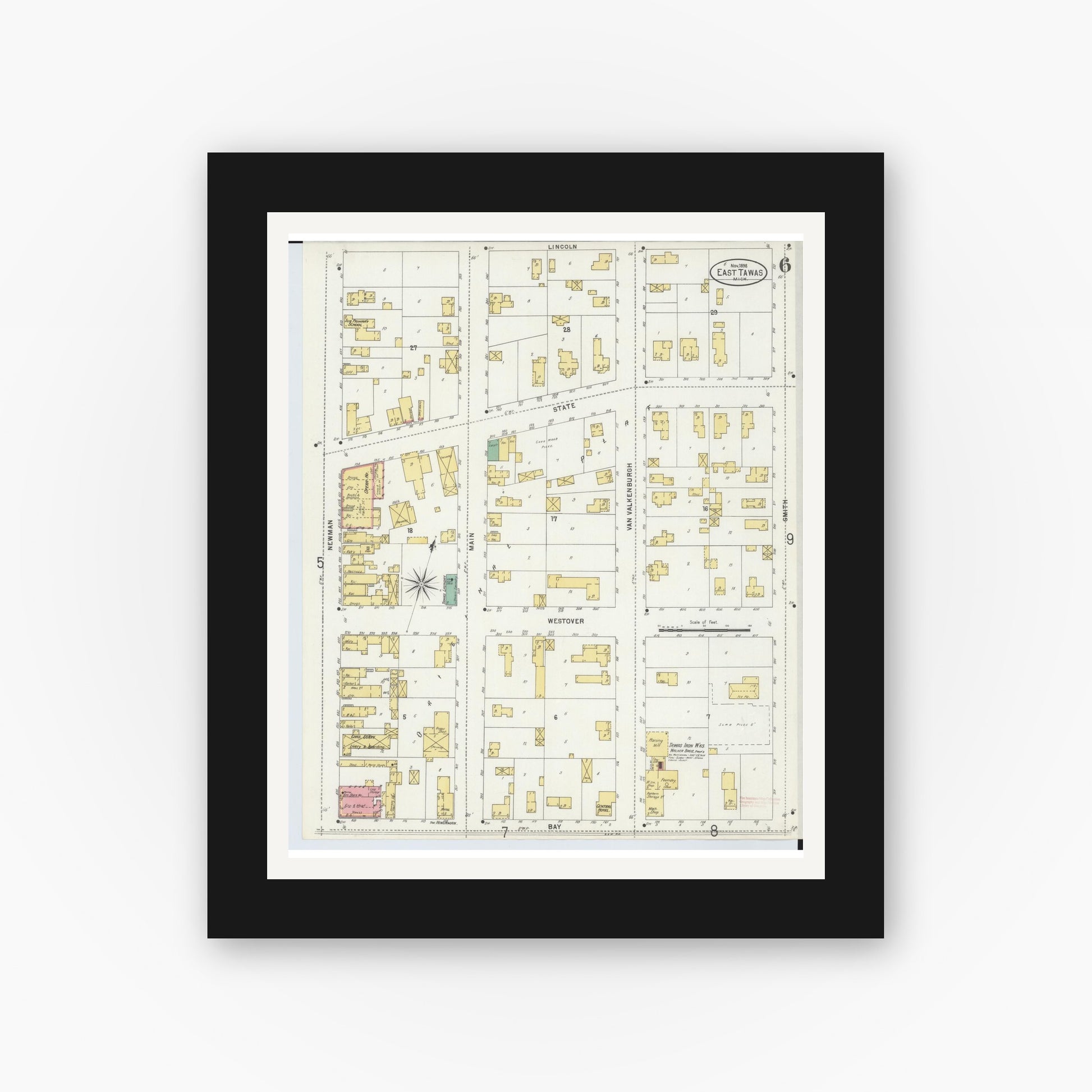 Old map wall art mockup — black gallery frame with white mat — Sanborn Fire Insurance Map from East Tawas, Iosco County, Michigan (1898), Sheet #0006