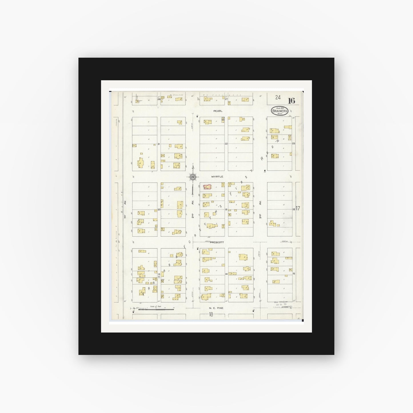 Old map wall art mockup — black gallery frame with white mat — Sanborn Fire Insurance Map from Brainerd, Crow Wing County, Minnesota (1913), Sheet #0016