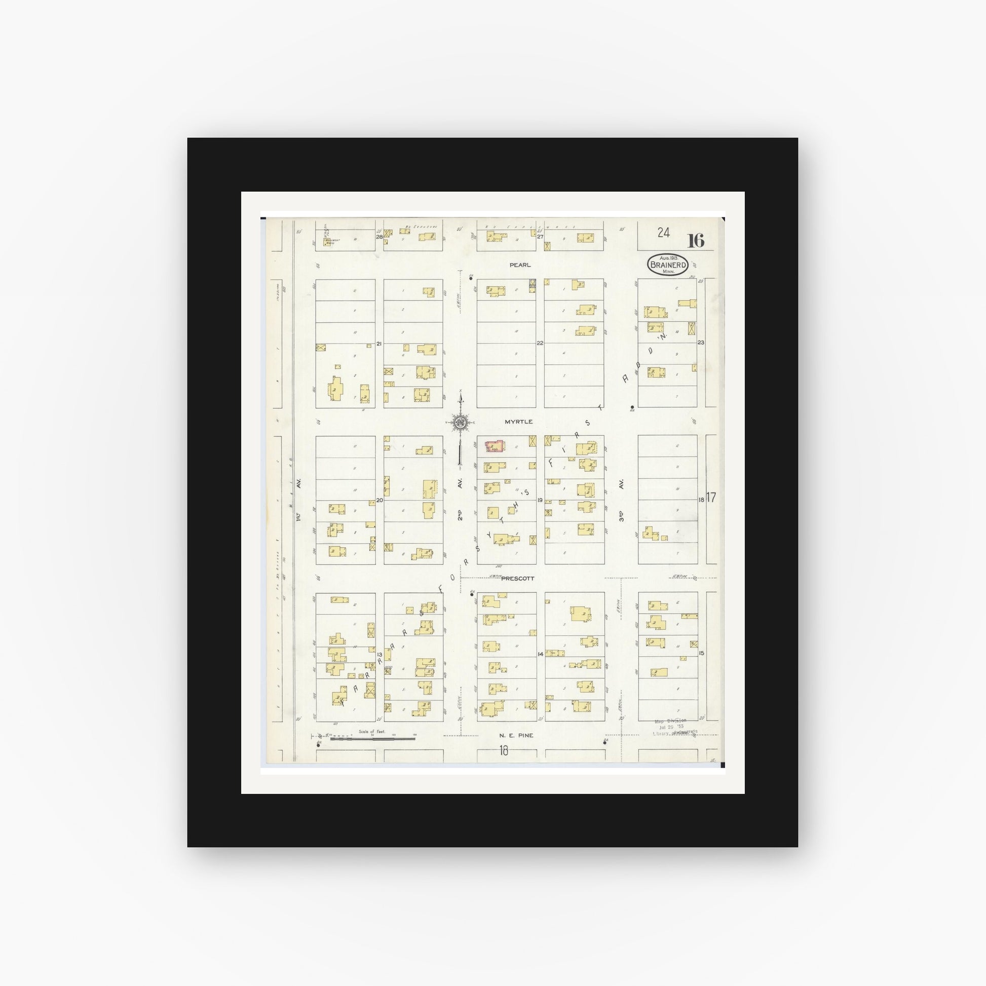 Old map wall art mockup — black gallery frame with white mat — Sanborn Fire Insurance Map from Brainerd, Crow Wing County, Minnesota (1913), Sheet #0016