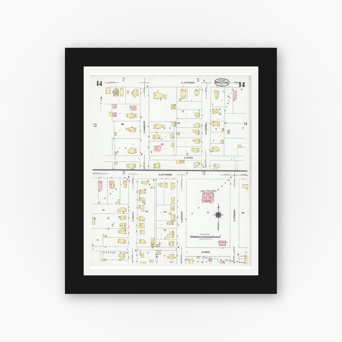 Old map wall art mockup — black gallery frame with white mat — Sanborn Fire Insurance Map from Macomb, Mcdonough County, Illinois (1924), Sheet #0014