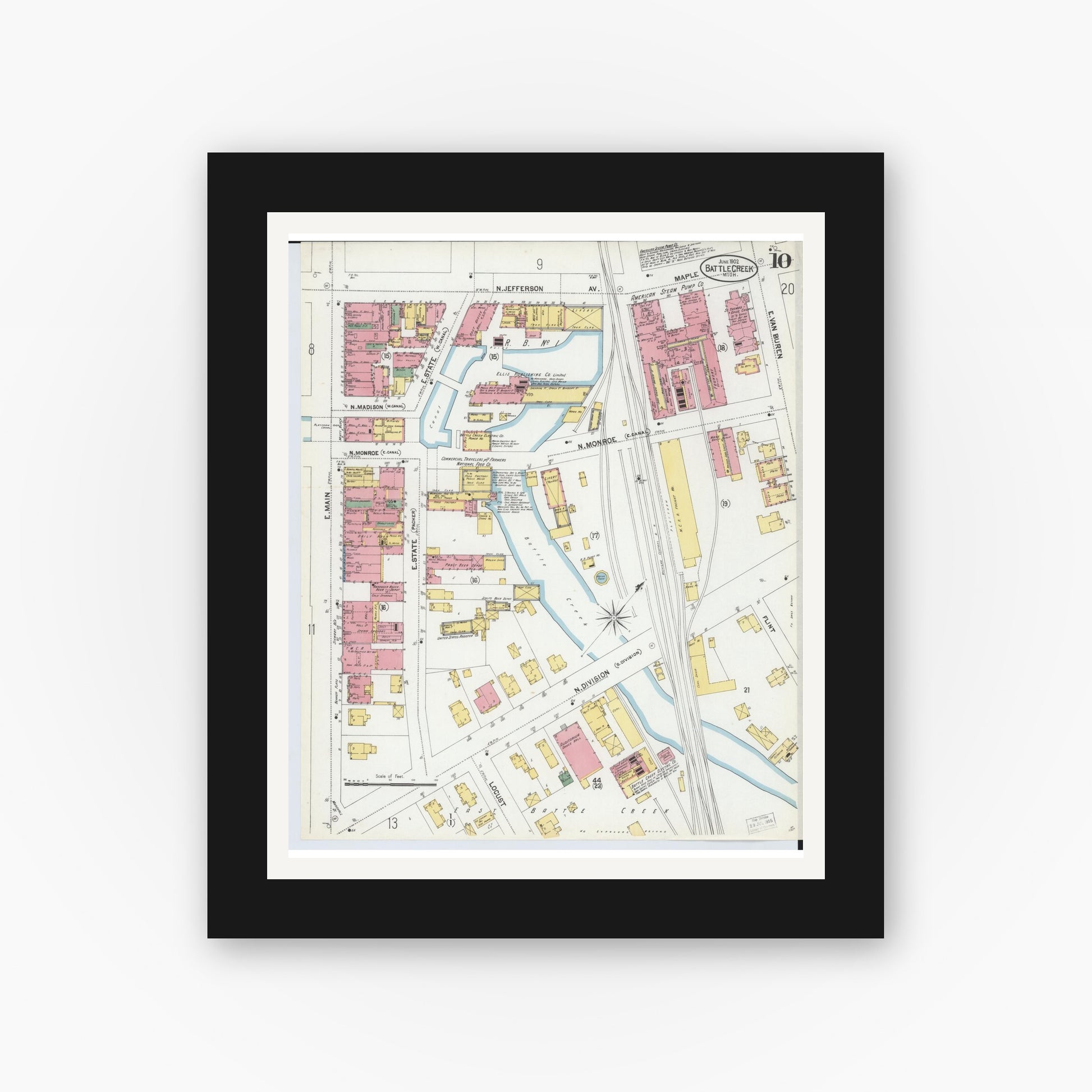 Old map wall art mockup — black gallery frame with white mat — Sanborn Fire Insurance Map from Battle Creek, Calhoun County, Michigan (1902), Sheet #0010