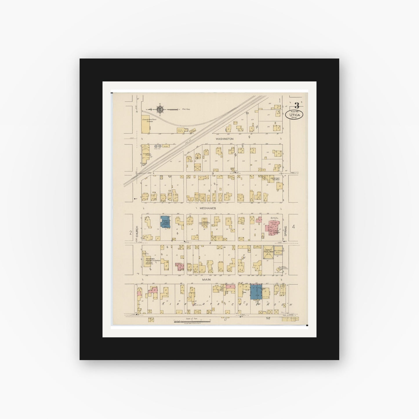 Old map wall art mockup — black gallery frame with white mat — Sanborn Fire Insurance Map from Utica, Licking County, Ohio (1922), Sheet #0003