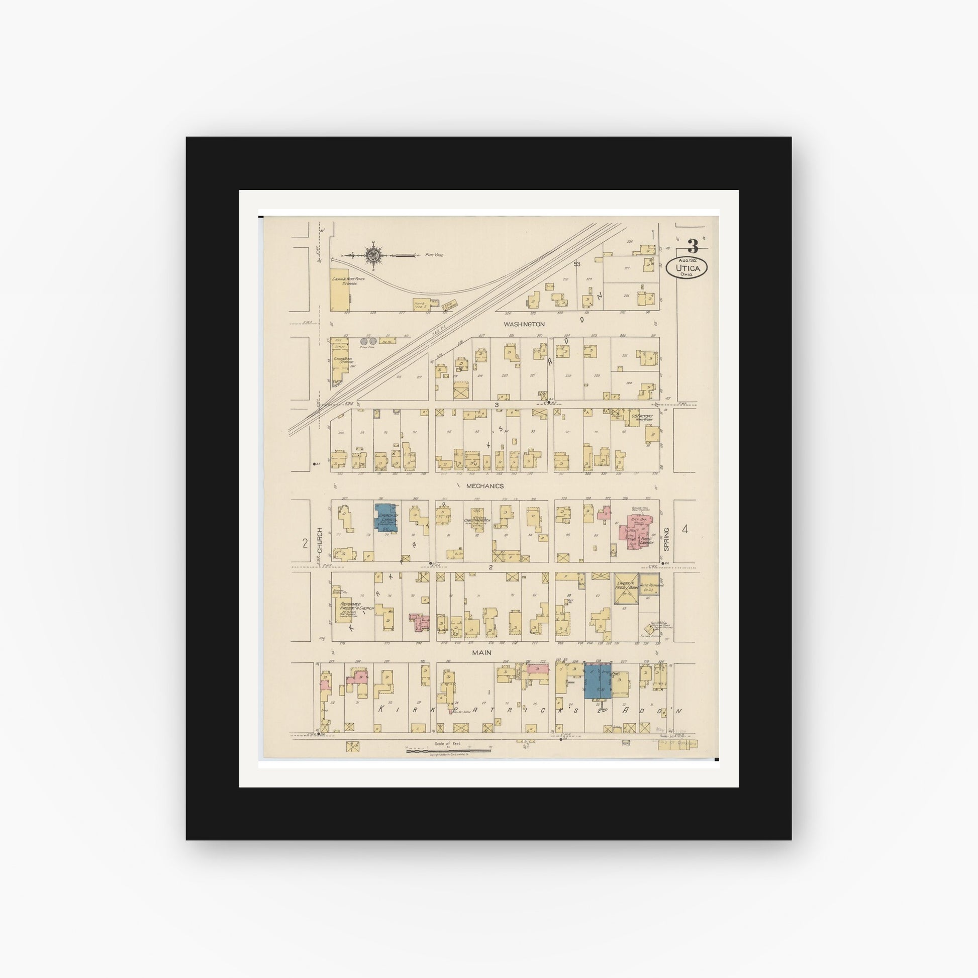 Old map wall art mockup — black gallery frame with white mat — Sanborn Fire Insurance Map from Utica, Licking County, Ohio (1922), Sheet #0003