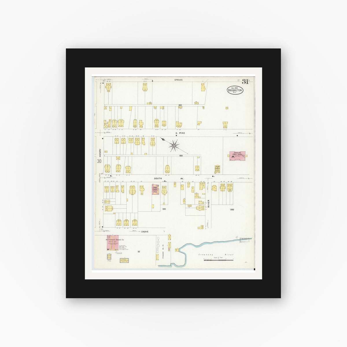 Old map wall art mockup — black gallery frame with white mat — Sanborn Fire Insurance Map from Bridgeton, Cumberland County, New Jersey (1908), Sheet #0031