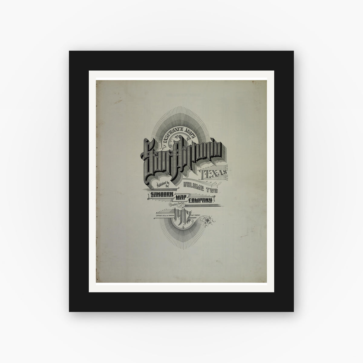 Old map wall art mockup — black gallery frame with white mat — Sanborn Fire Insurance Map from San Antonio, Bexar County, Texas (1912), Sheet #0001