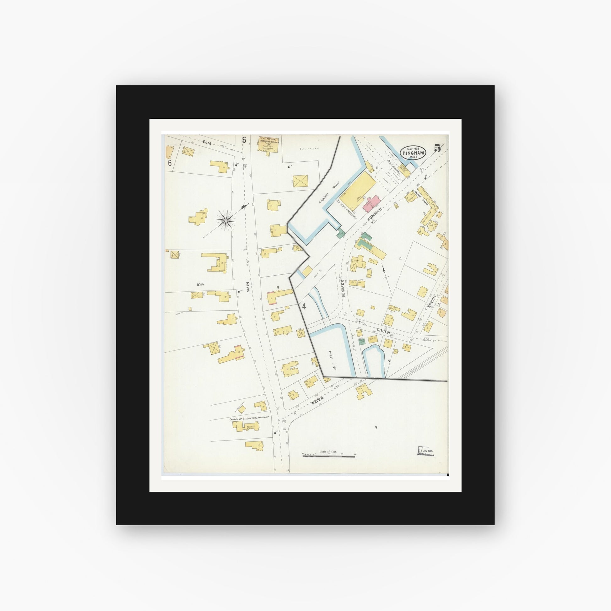 Old map wall art mockup — black gallery frame with white mat — Sanborn Fire Insurance Map from Hingham, Plymouth County, Massachusetts (1903), Sheet #0005
