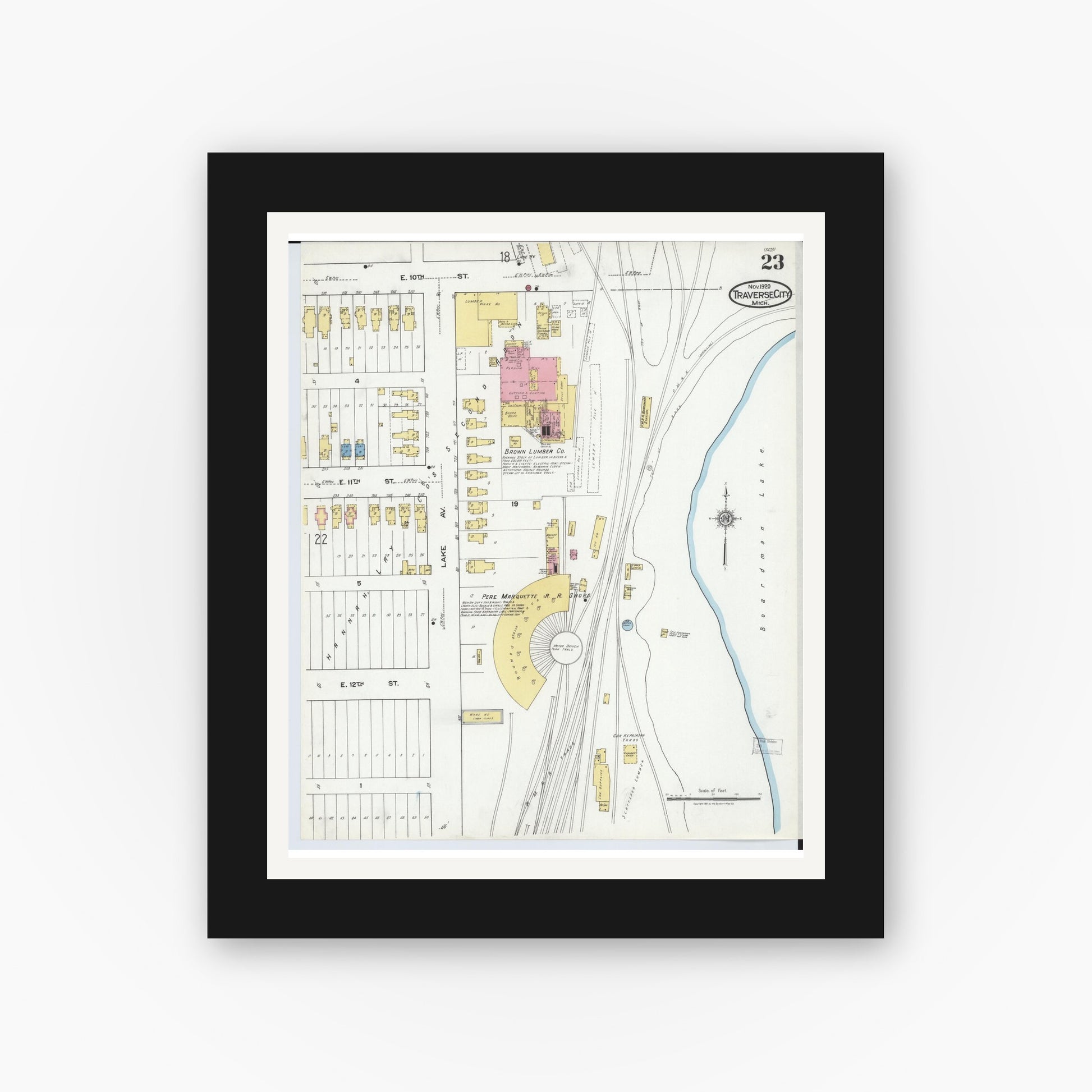 Old map wall art mockup — black gallery frame with white mat — Sanborn Fire Insurance Map from Traverse City, Grand Traverse County, Michigan (1920), Sheet #0023