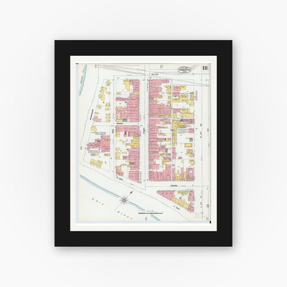 Old map wall art mockup — black gallery frame with white mat — Sanborn Fire Insurance Map from Marietta, Washington County, Ohio (1900), Sheet #0018
