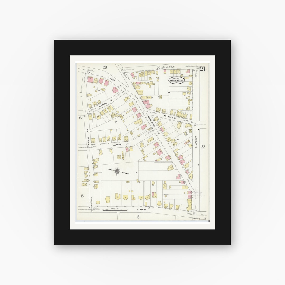 Old map wall art mockup — black gallery frame with white mat — Sanborn Fire Insurance Map from Washington, Washington County, Pennsylvania (1909), Sheet #0021