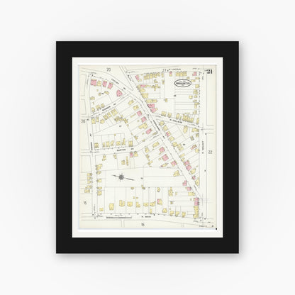 Old map wall art mockup — black gallery frame with white mat — Sanborn Fire Insurance Map from Washington, Washington County, Pennsylvania (1909), Sheet #0021