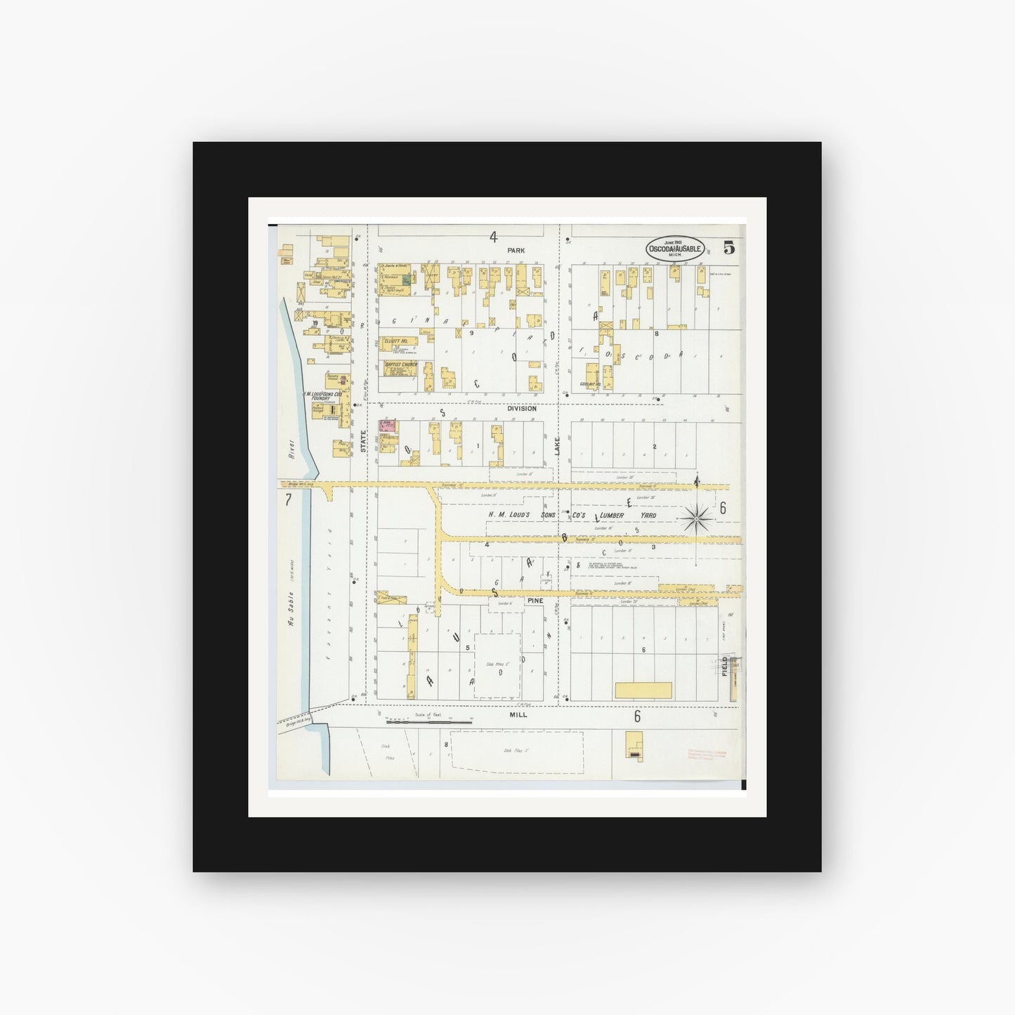 Old map wall art mockup — black gallery frame with white mat — Sanborn Fire Insurance Map from Oscoda, Iosco County, Michigan (1901), Sheet #0005