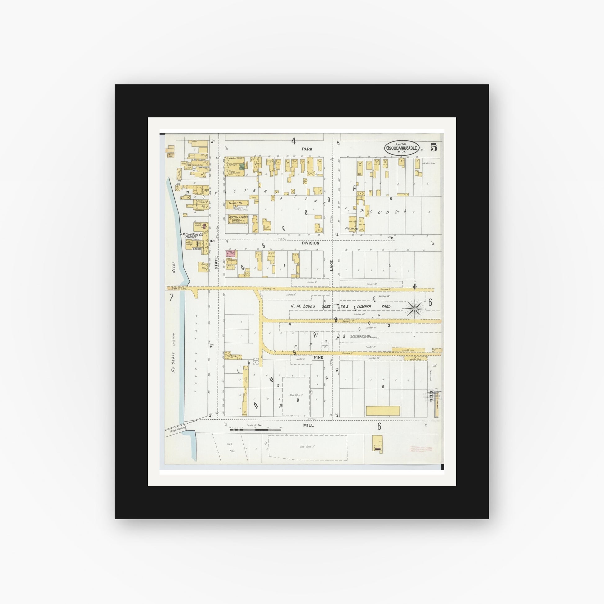 Old map wall art mockup — black gallery frame with white mat — Sanborn Fire Insurance Map from Oscoda, Iosco County, Michigan (1901), Sheet #0005