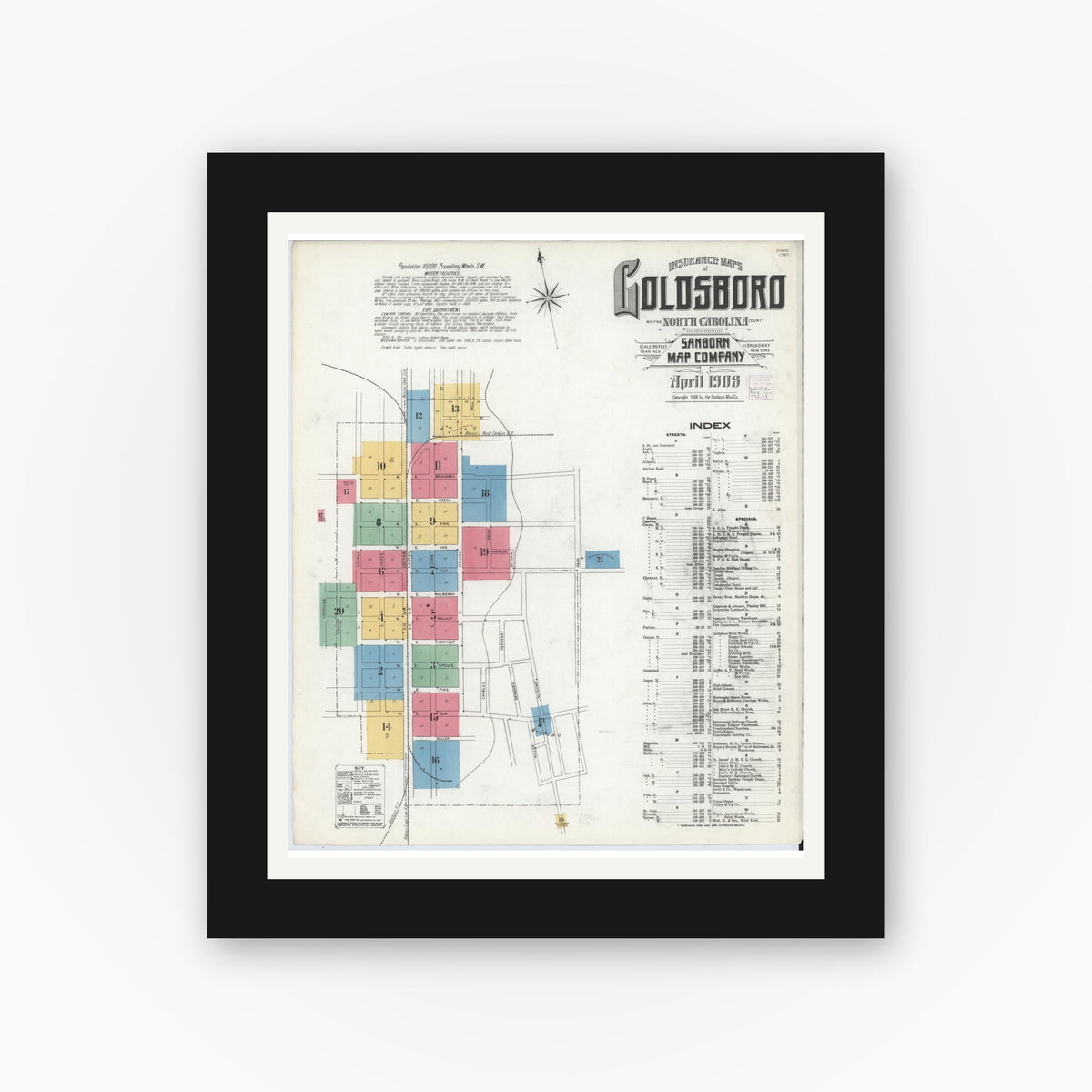 Old map wall art mockup — black gallery frame with white mat — Sanborn Fire Insurance Map from Goldsboro, Wayne County, North Carolina (1908) - Complete Map Set