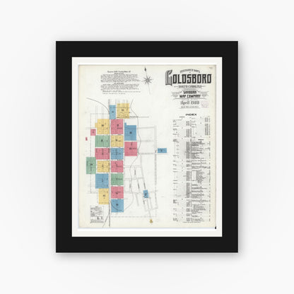 Old map wall art mockup — black gallery frame with white mat — Sanborn Fire Insurance Map from Goldsboro, Wayne County, North Carolina (1908) - Complete Map Set