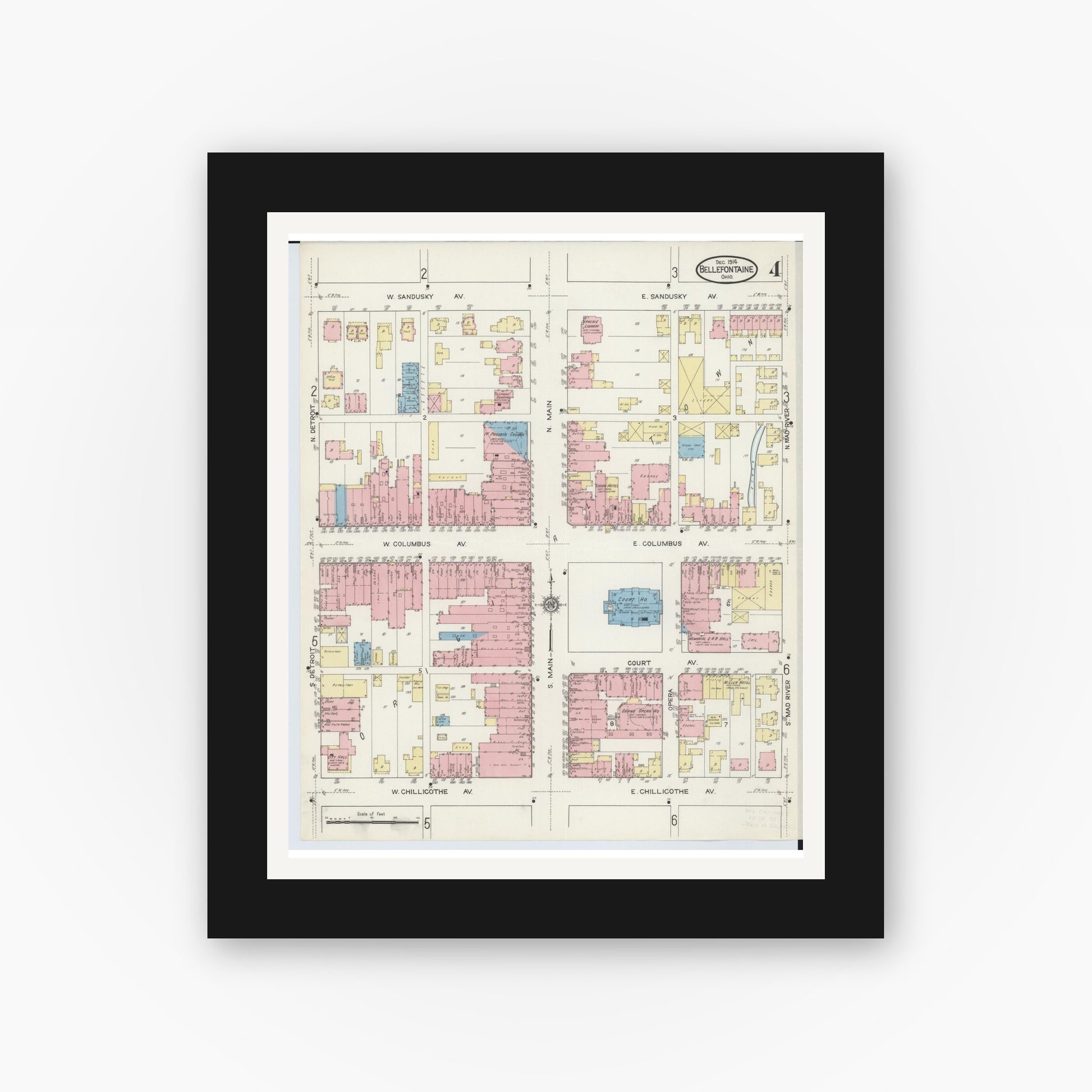 Old map wall art mockup — black gallery frame with white mat — Sanborn Fire Insurance Map from Bellefontaine, Logan County, Ohio (1914), Sheet #0004