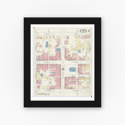 Old map wall art mockup — black gallery frame with white mat — Sanborn Fire Insurance Map from Bellefontaine, Logan County, Ohio (1914), Sheet #0004