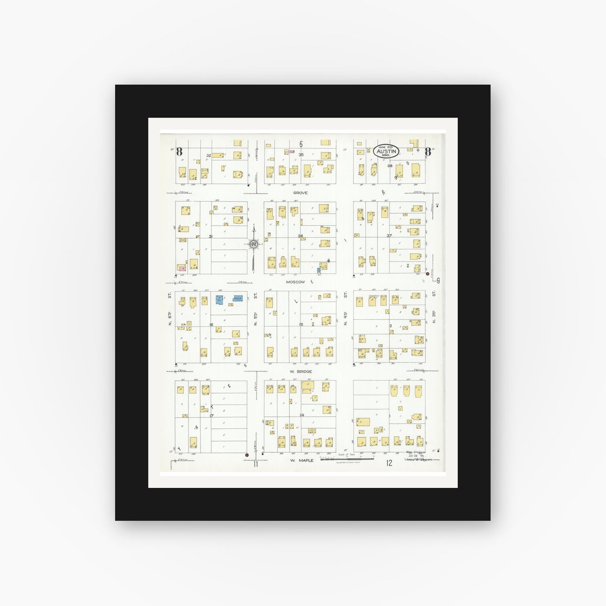 Old map wall art mockup — black gallery frame with white mat — Sanborn Fire Insurance Map from Austin, Mower County, Minnesota (1926), Sheet #0008
