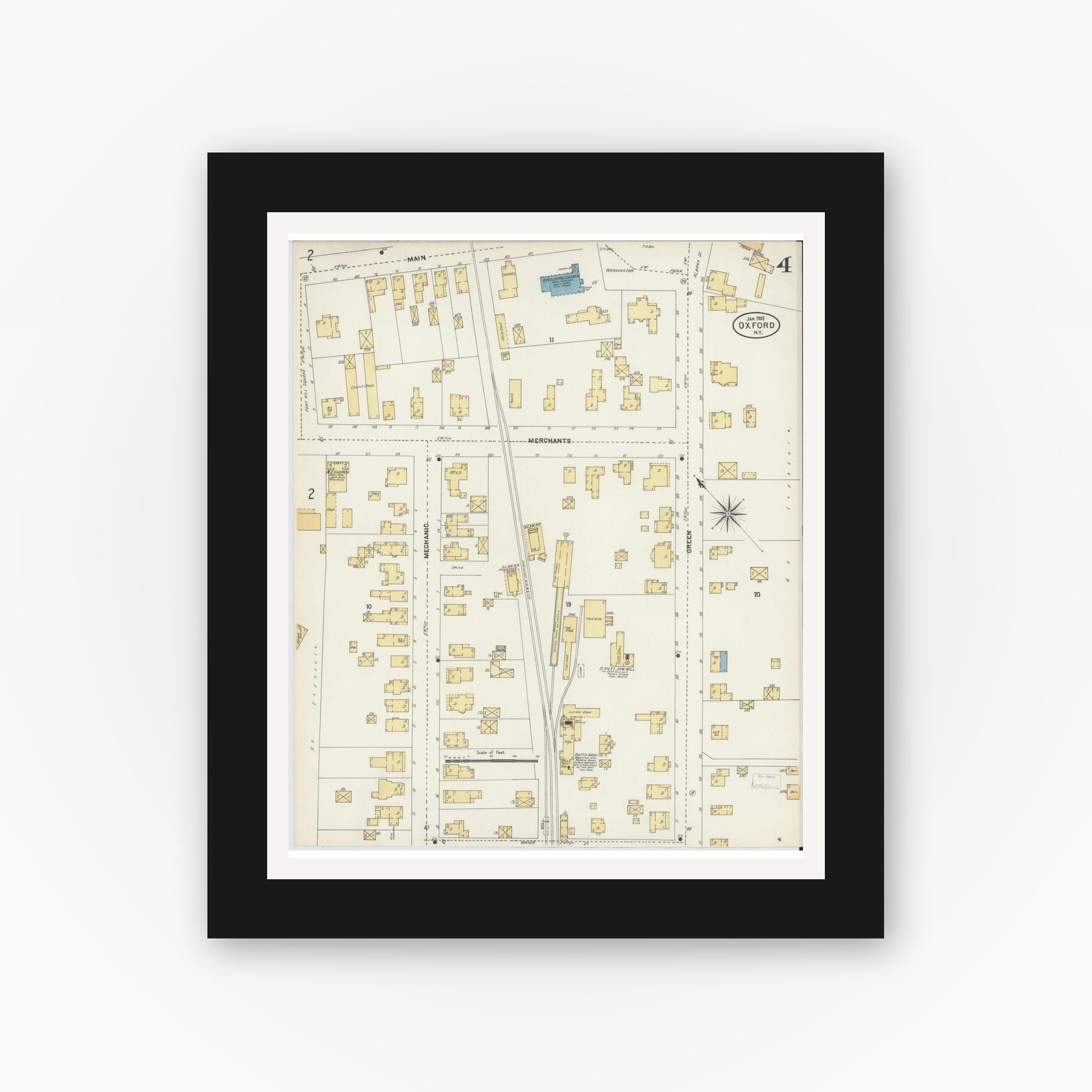 Old map wall art mockup — black gallery frame with white mat — Sanborn Fire Insurance Map from Oxford, Chenango County, New York (1903), Sheet #0004