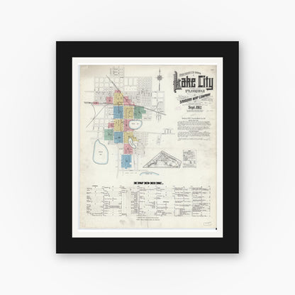 Old map wall art mockup — black gallery frame with white mat — Sanborn Fire Insurance Map from Lake City, Columbia County, Florida (1912) - Complete Map Set