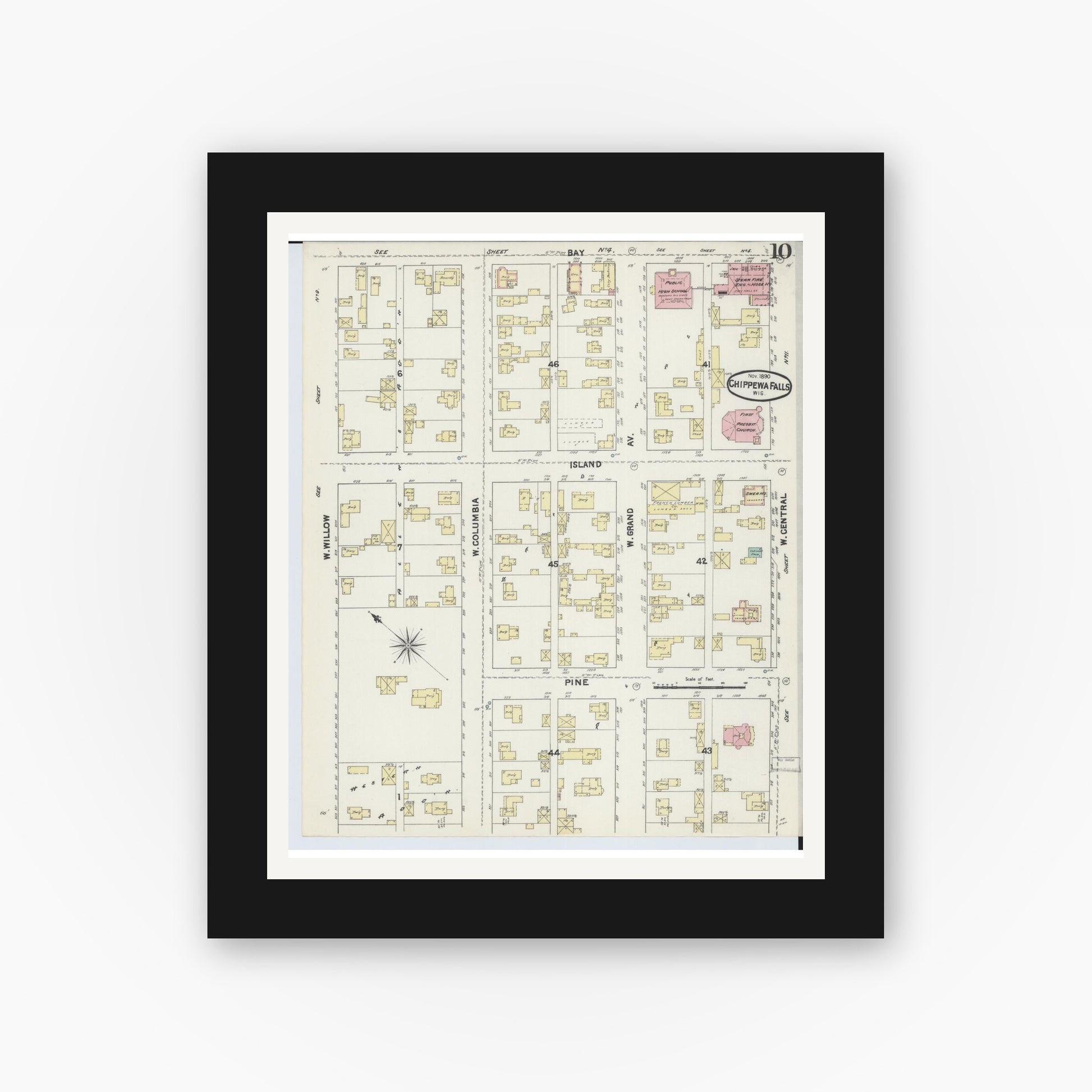 Old map wall art mockup — black gallery frame with white mat — Sanborn Fire Insurance Map from Chippewa Falls, Chippewa County, Wisconsin (1890), Sheet #0010