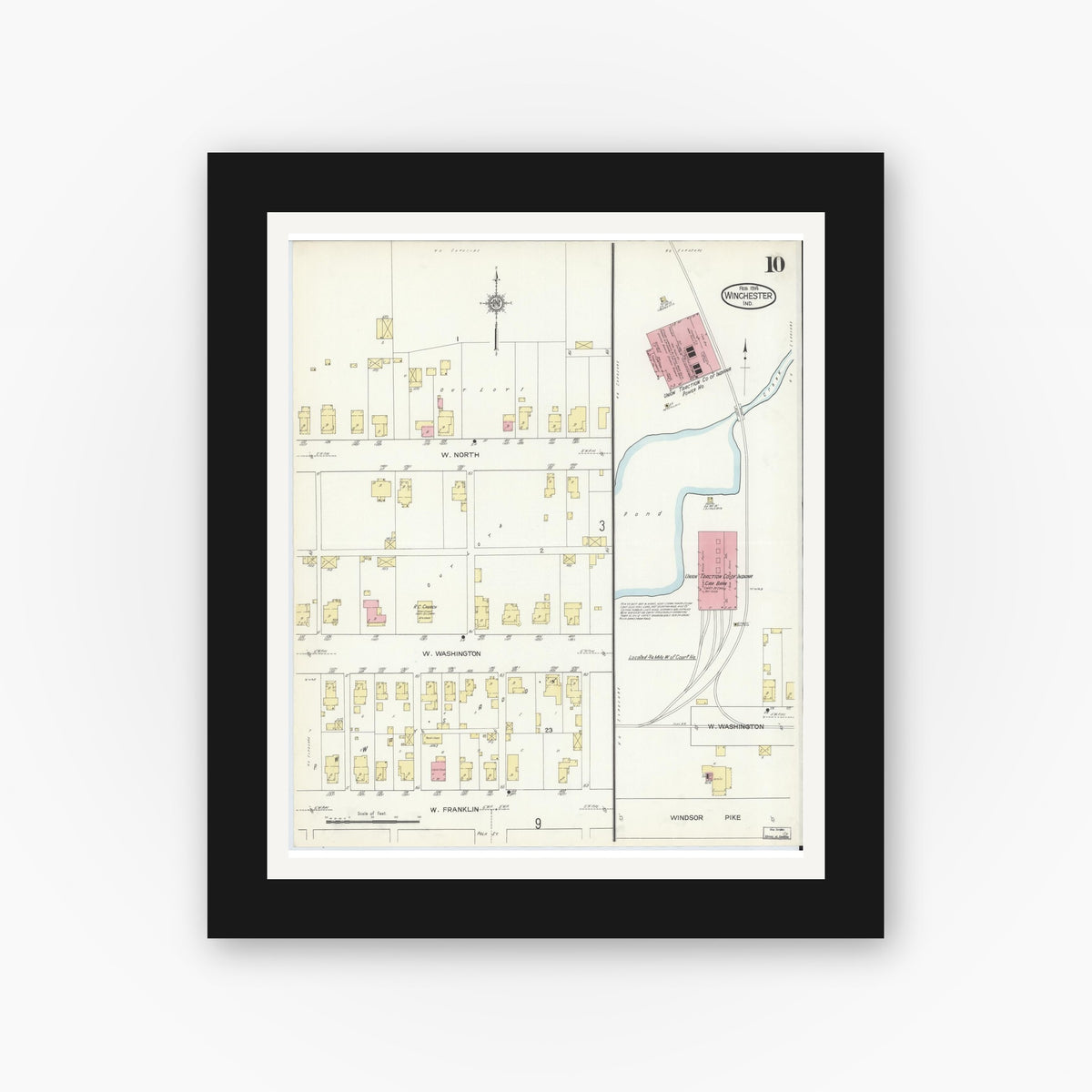 Old map wall art mockup — black gallery frame with white mat — Sanborn Fire Insurance Map from Winchester, Randolph County, Indiana (1914), Sheet #0010