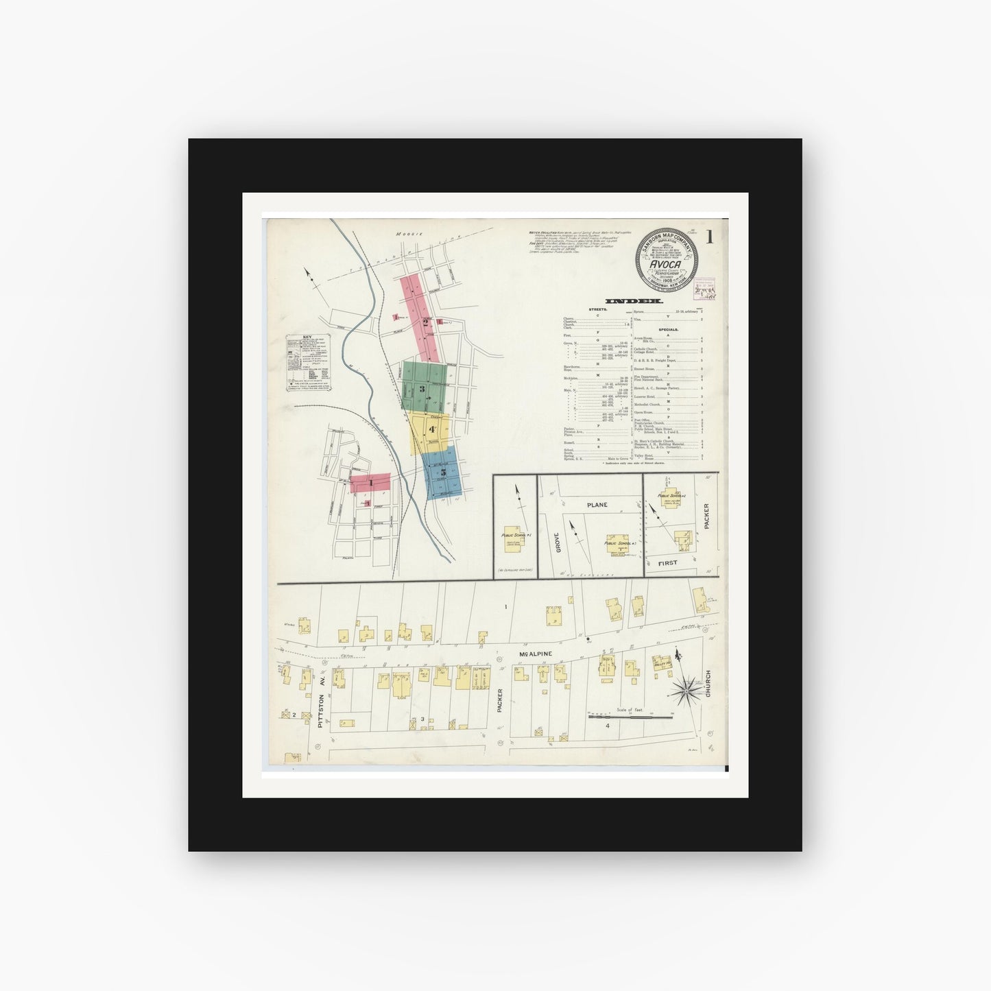 Old map wall art mockup — black gallery frame with white mat — Sanborn Fire Insurance Map from Avoca, Luzerne County, Pennsylvania (1908), Sheet #0001