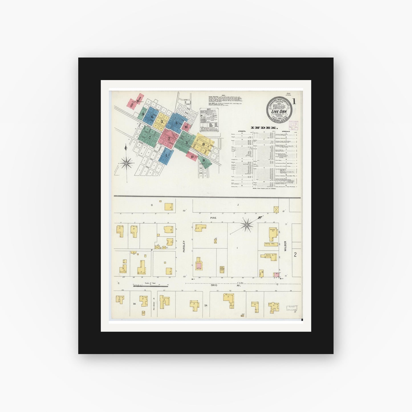 Old map wall art mockup — black gallery frame with white mat — Sanborn Fire Insurance Map from Live Oak, Suwanee County, Florida (1906) - Complete Map Set